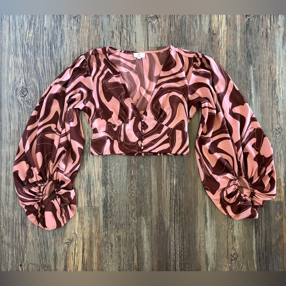 Girl Soul V-Neck Cropped Long Bell Sleeve Shirt Sz L 70s Style Brown Pink Hippie - Picture 1 of 9